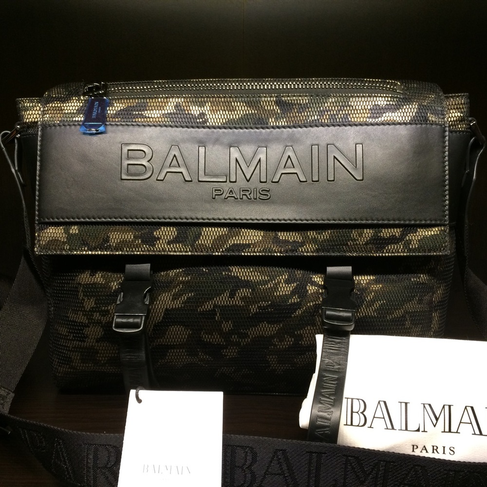 BALMAIN Camo Nylon & Leather Messenger Bag